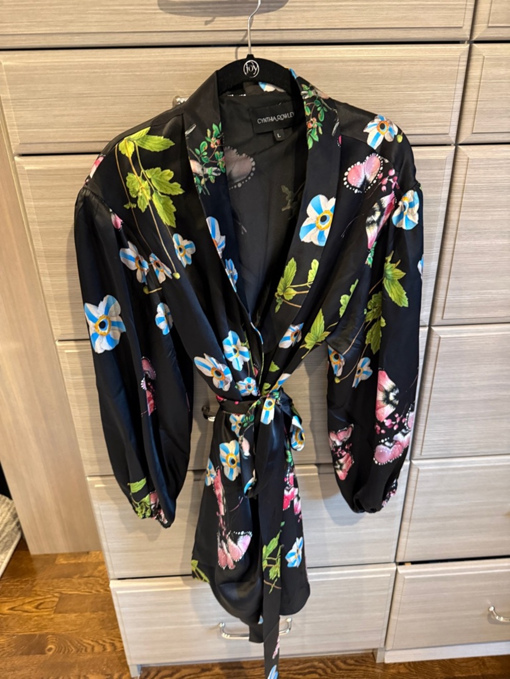 Cynthia Rowley Black Floral Satin Wrap mini dress kimono style